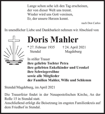 Traueranzeige von Doris Mahler  von Magdeburger Volksstimme