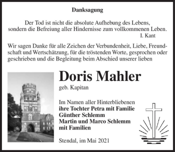 Traueranzeige von Doris Mahler (geb. Kapitan)  von Magdeburger Volksstimme