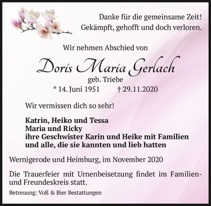  Traueranzeige für Doris Maria Gerlach (geb. Triebe)  vom 05.12.2020 aus Magdeburger Volksstimme