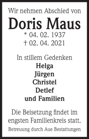 Traueranzeige von Doris Maus  von Magdeburger Volksstimme