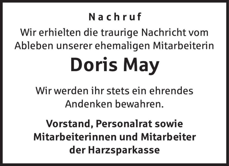  Traueranzeige für Doris May  vom 29.05.2021 aus Magdeburger Volksstimme