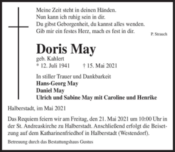 Traueranzeige von Doris May (geb. Kahlert)  von Magdeburger Volksstimme