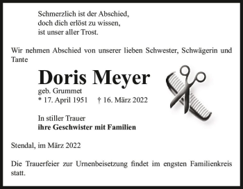Traueranzeige von Doris Meyer (geb. Grummet)  von Magdeburger Volksstimme