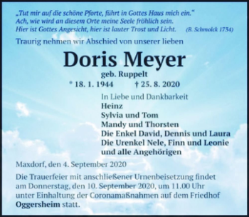 Traueranzeige von Doris Meyer (geb. Ruppelt)  von Magdeburger Volksstimme