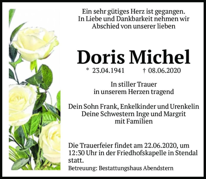 Traueranzeige für Doris Michel  vom 13.06.2020 aus Magdeburger Volksstimme