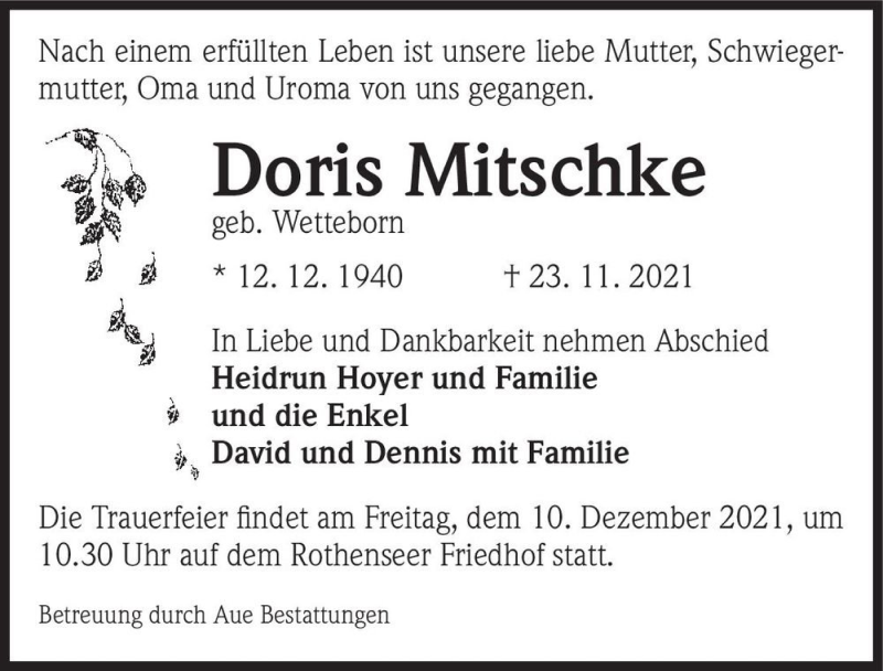  Traueranzeige für Doris Mitschke (geb. Wetteborn)  vom 04.12.2021 aus Magdeburger Volksstimme