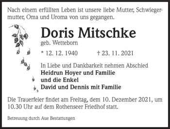 Traueranzeige von Doris Mitschke (geb. Wetteborn)  von Magdeburger Volksstimme