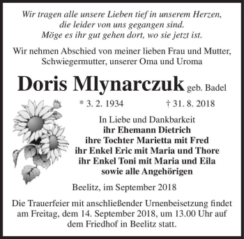 Traueranzeige von Doris Mlynarczuk (geb. Badel)  von Magdeburger Volksstimme