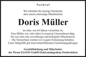Traueranzeige von Doris Müller  von Magdeburger Volksstimme