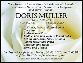 Traueranzeige von Doris Müller (geb. Dobbert)  von Magdeburger Volksstimme