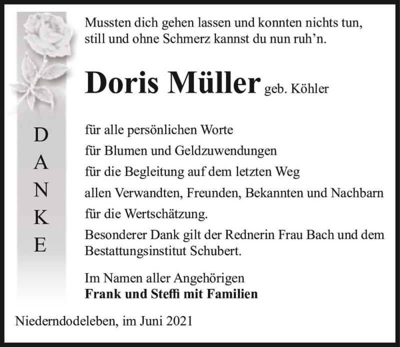  Traueranzeige für Doris Müller (geb. Köhler)  vom 19.06.2021 aus Magdeburger Volksstimme
