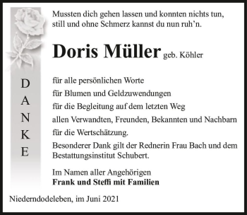 Traueranzeige von Doris Müller (geb. Köhler)  von Magdeburger Volksstimme