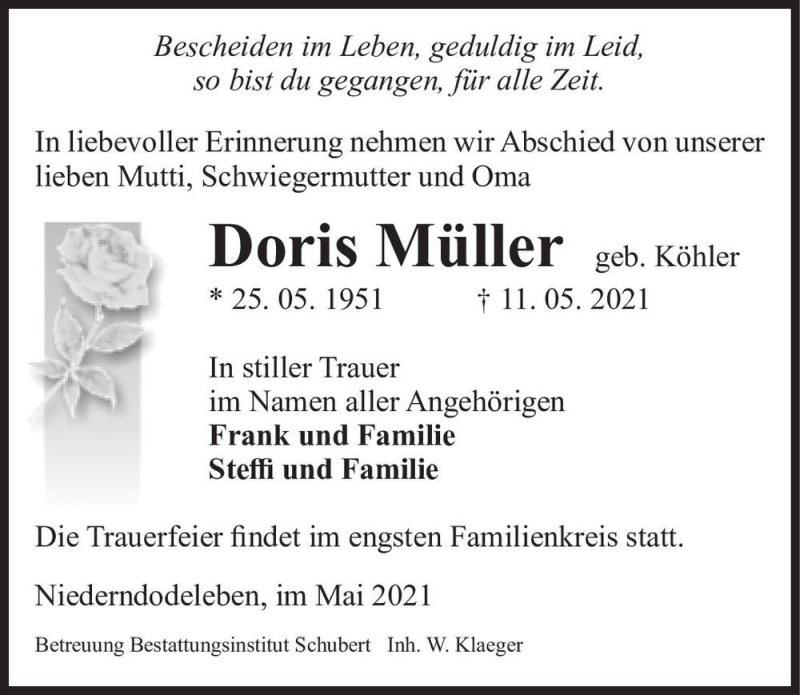  Traueranzeige für Doris Müller (geb. Köhler)  vom 22.05.2021 aus Magdeburger Volksstimme