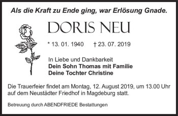 Traueranzeige von Doris Neu  von Magdeburger Volksstimme