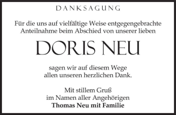 Traueranzeige von Doris Neu  von Magdeburger Volksstimme