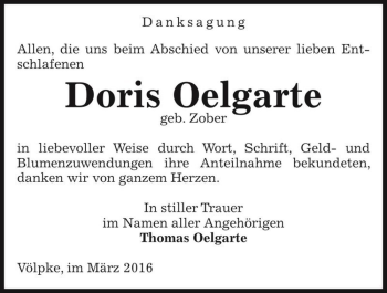 Traueranzeige von Doris Oelgarte (geb. Zober)  von Magdeburger Volksstimme