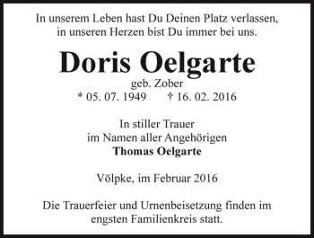 Traueranzeige von Doris Oelgarte (geb. Zober)  von Magdeburger Volksstimme