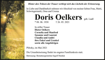 Traueranzeige von Doris Oelkers (geb. Laaß)  von Magdeburger Volksstimme