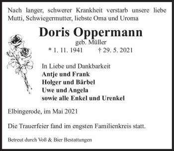 Traueranzeige von Doris Oppermann (geb. Müller)  von Magdeburger Volksstimme