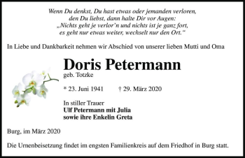 Traueranzeige von Doris Petermann (geb. Totzke)  von Magdeburger Volksstimme