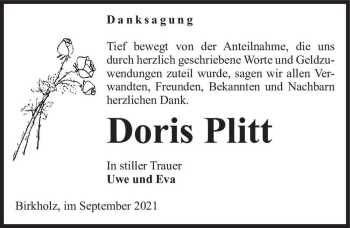 Traueranzeige von Doris Plitt  von Magdeburger Volksstimme