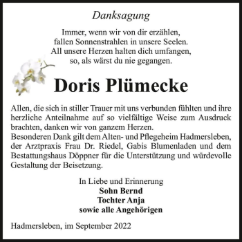 Traueranzeige von Doris Plümecke  von Magdeburger Volksstimme