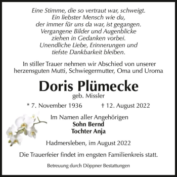 Traueranzeige von Doris Plümecke (geb. Missler)  von Magdeburger Volksstimme