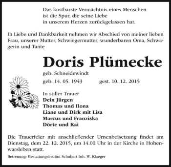 Traueranzeige von Doris Plümecke (geb. Schneidewindt)  von Magdeburger Volksstimme