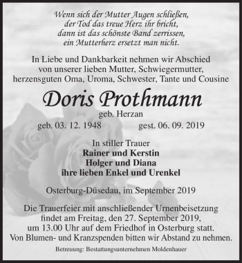 Traueranzeige von Doris Prothmann (geb. Herzan)  von Magdeburger Volksstimme