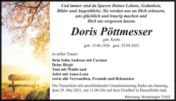 Traueranzeige von Doris Pöttmesser (geb. Krebs)  von Magdeburger Volksstimme