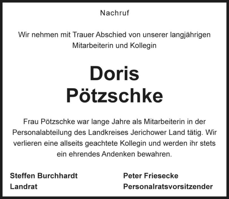  Traueranzeige für Doris Pötzschke  vom 21.11.2015 aus Magdeburger Volksstimme