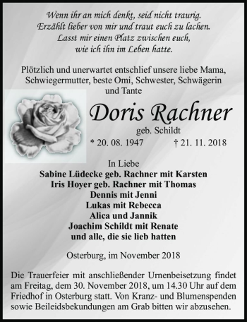 Traueranzeige von Doris Rachner (geb. Schildt)  von Magdeburger Volksstimme