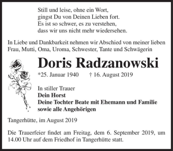 Traueranzeige von Doris Radzanowski  von Magdeburger Volksstimme