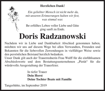 Traueranzeige von Doris Radzanowski  von Magdeburger Volksstimme
