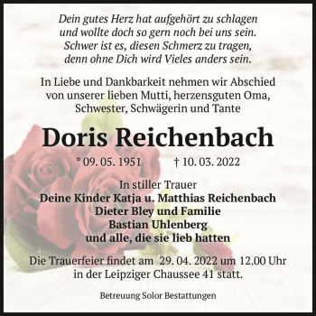 Traueranzeige von Doris Reichenbach  von Magdeburger Volksstimme