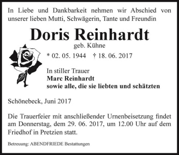 Traueranzeige von Doris Reinhardt (geb. Kühne)  von Magdeburger Volksstimme