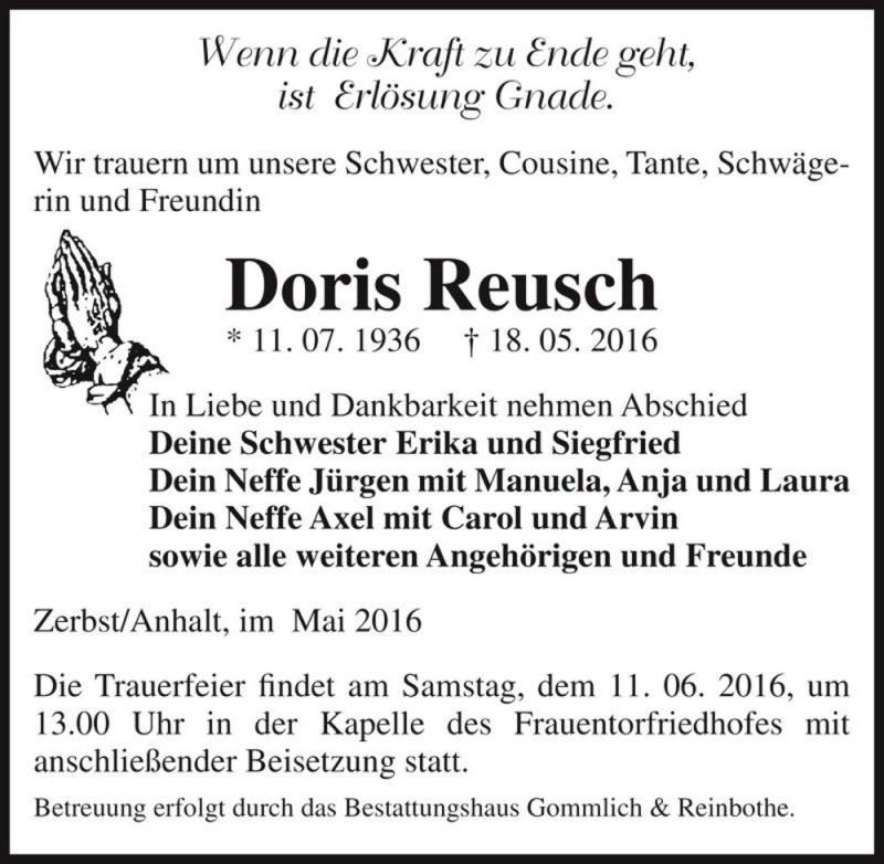  Traueranzeige für Doris Reusch  vom 28.05.2016 aus Magdeburger Volksstimme