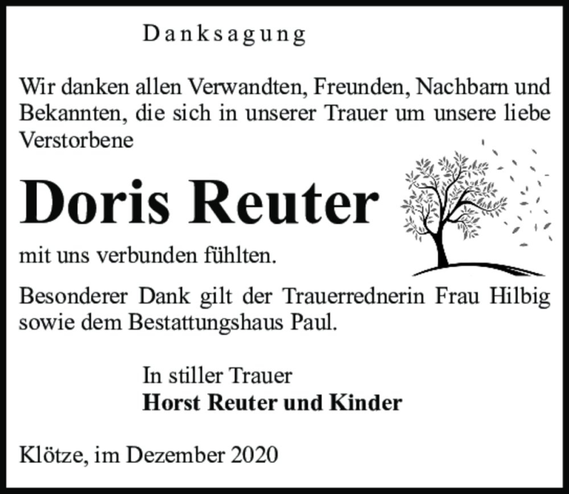  Traueranzeige für Doris Reuter  vom 03.12.2020 aus Magdeburger Volksstimme