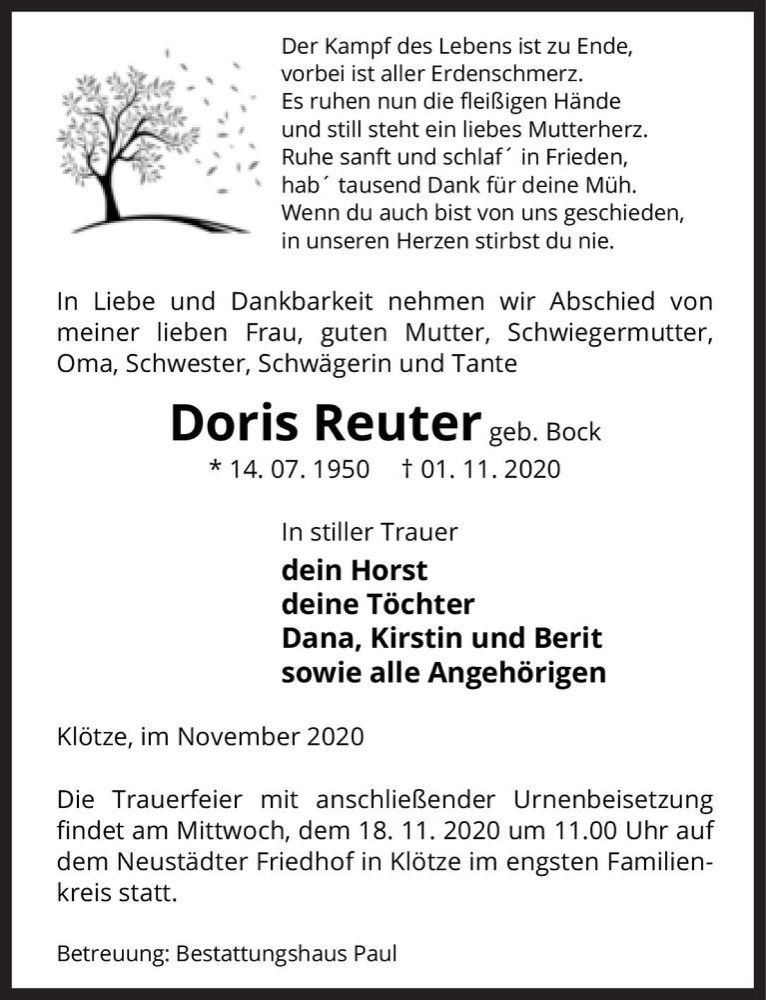 Traueranzeige für Doris Reuter (geb. Bock)  vom 06.11.2020 aus Magdeburger Volksstimme
