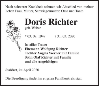 Traueranzeige von Doris Richter (geb. Weber)  von Magdeburger Volksstimme