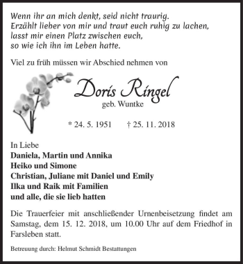 Traueranzeige von Doris Ringel (geb. Wuntke)  von Magdeburger Volksstimme