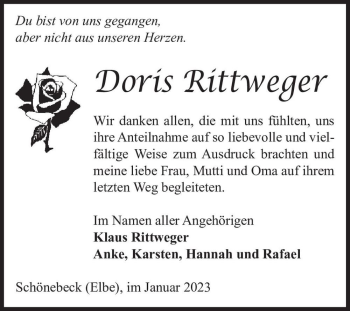 Traueranzeige von Doris Rittweger  von Magdeburger Volksstimme