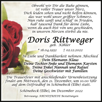 Traueranzeige von Doris Rittweger (geb. Köhler)  von Magdeburger Volksstimme