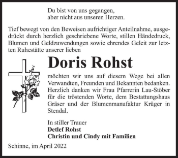 Traueranzeige von Doris Rohst  von Magdeburger Volksstimme