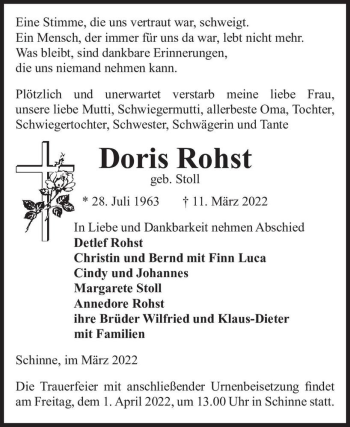 Traueranzeige von Doris Rohst (geb. Stoll)  von Magdeburger Volksstimme