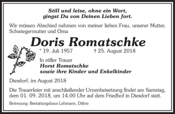 Traueranzeige von Doris Romatschke  von Magdeburger Volksstimme