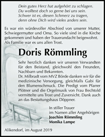 Traueranzeige von Doris Römmling  von Magdeburger Volksstimme