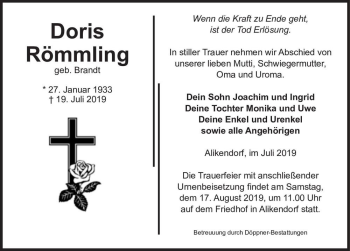 Traueranzeige von Doris Römmling (geb. Brandt)  von Magdeburger Volksstimme