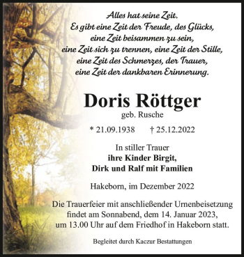 Traueranzeige von Doris Röttger  von Magdeburger Volksstimme