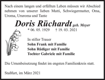 Traueranzeige von Doris Rüchardt (geb. Meyer)  von Magdeburger Volksstimme